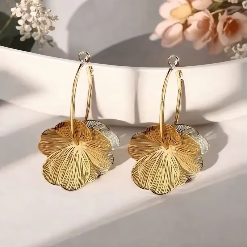 Pendientes Flor Camelia Dorados de Doble Capa para Mujer