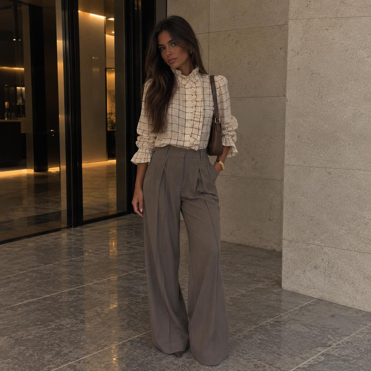 Camila | Blusa Cuadros Crema · Volantes & Cuello Fruncido