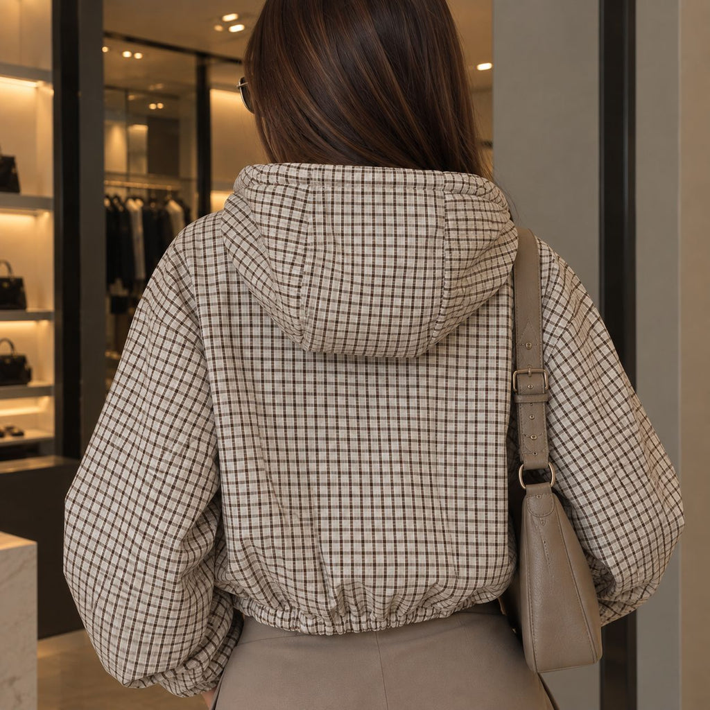 Chaqueta Nora | Bomber Cuadros Vichy Beige con Capucha