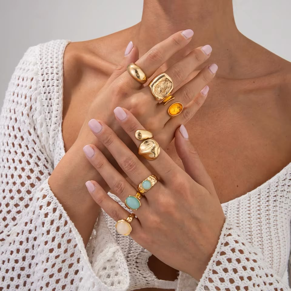 Set de 7 Anillos Camila Dorado Vintage con Cristal de Color para Mujer, Boda y Fiesta