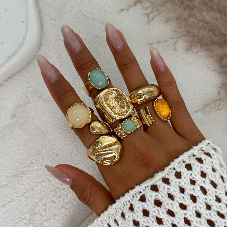 Set de 7 Anillos Camila Dorado Vintage con Cristal de Color para Mujer, Boda y Fiesta