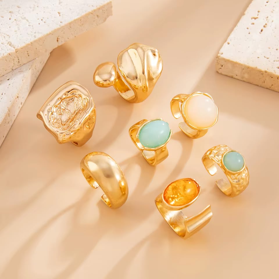 Set de 7 Anillos Camila Dorado Vintage con Cristal de Color para Mujer, Boda y Fiesta