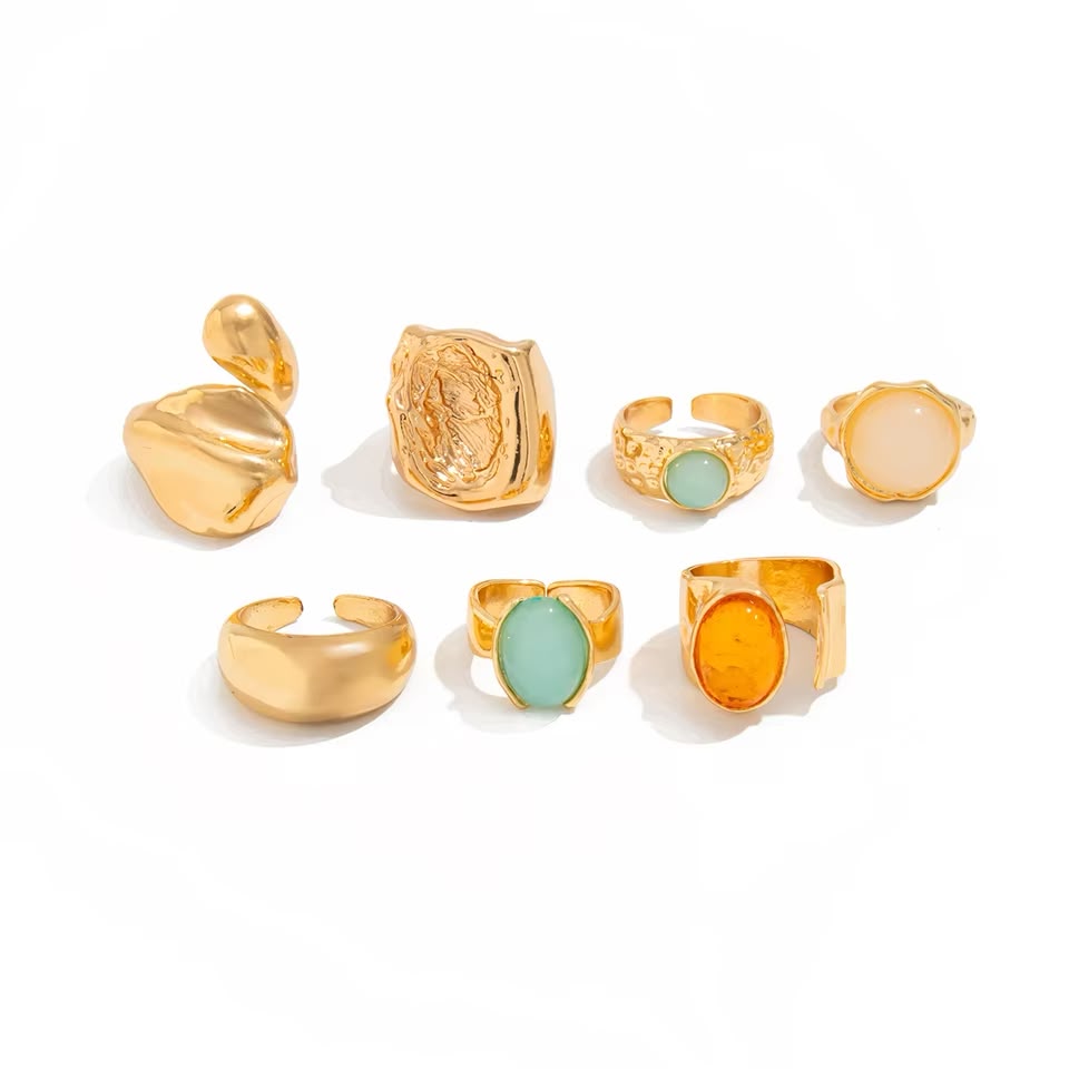 Set de 7 Anillos Camila Dorado Vintage con Cristal de Color para Mujer, Boda y Fiesta