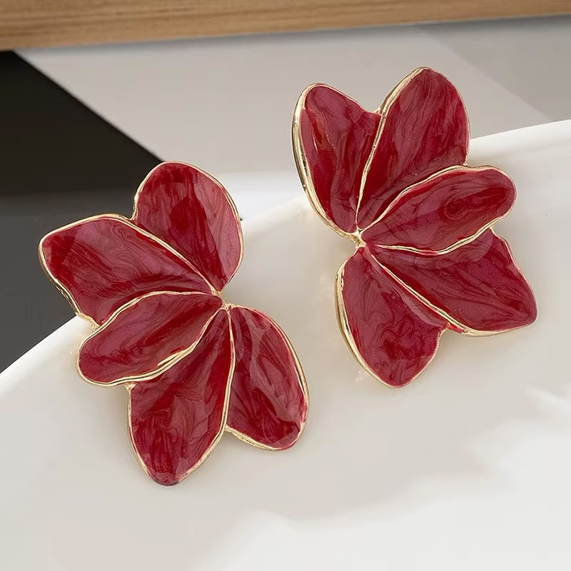 Pendientes Flor Esmeralda | Pétalos Esmaltados Rojos para Mujer