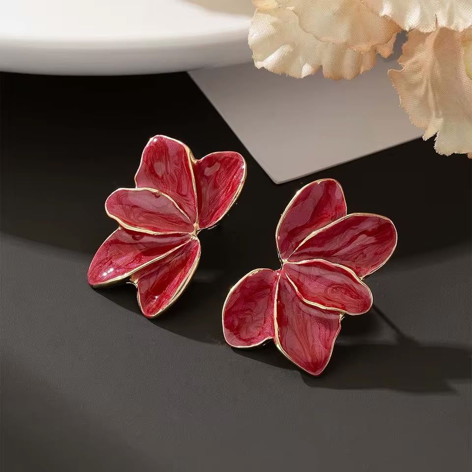 Pendientes Flor Esmeralda | Pétalos Esmaltados Rojos para Mujer
